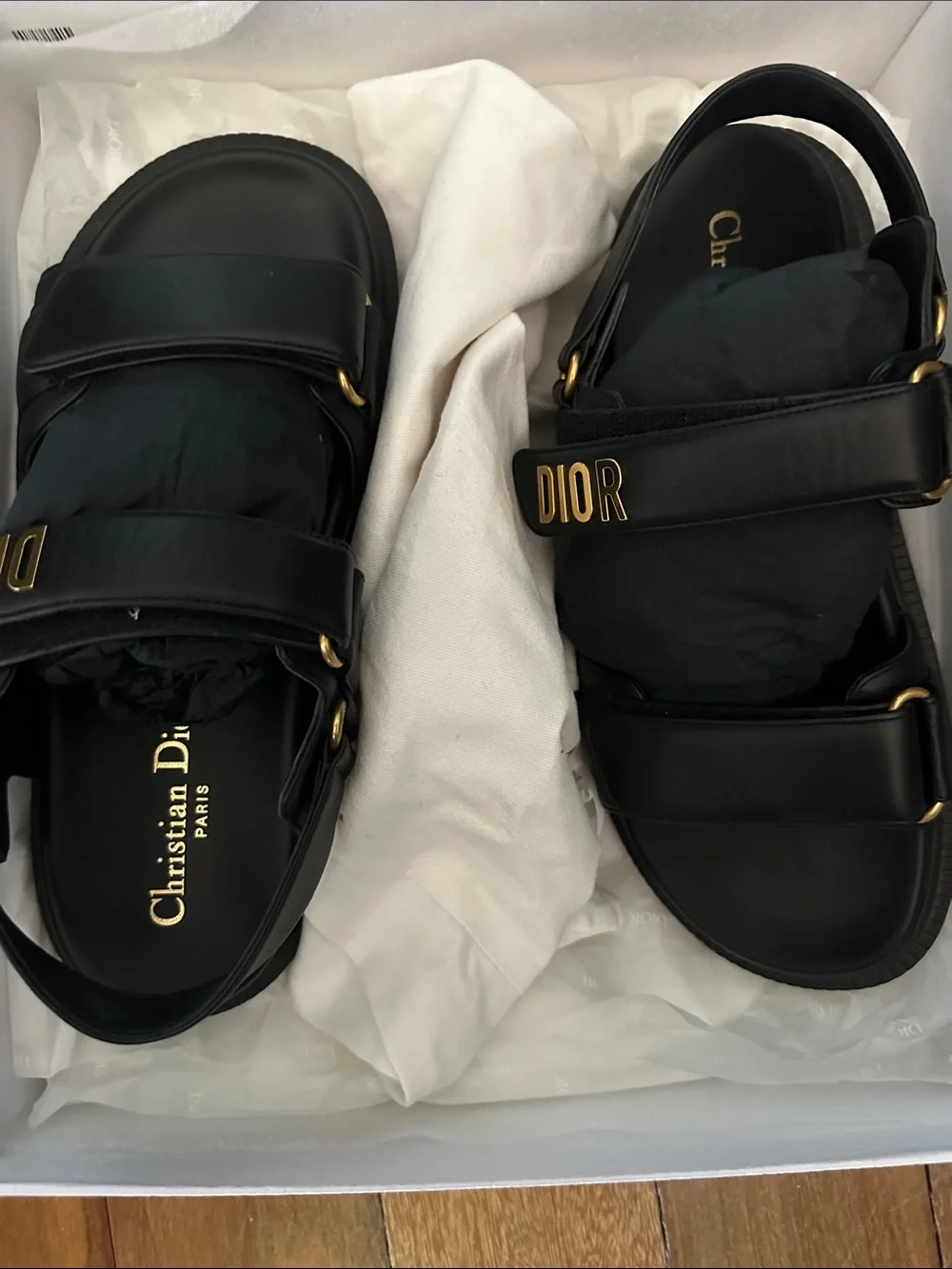 Dior Black Leather Sandals with Gold Logo Accents